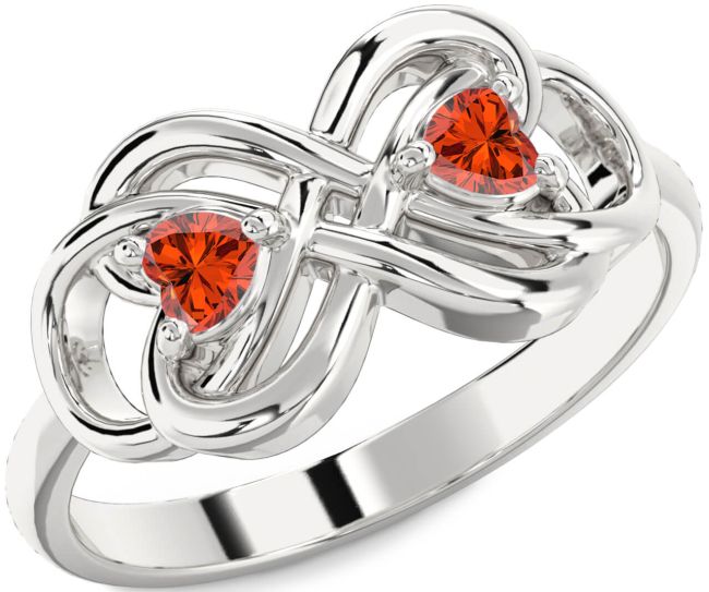 Fire Opal Silver Infinity Knot Two Heart Ring