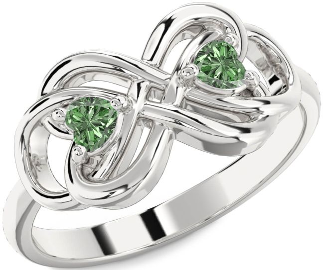 Green Diamond Silver Infinity Knot Two Heart Ring