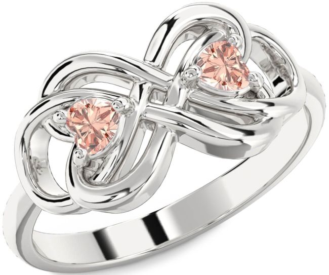 Morganite Silver Infinity Knot Two Heart Ring
