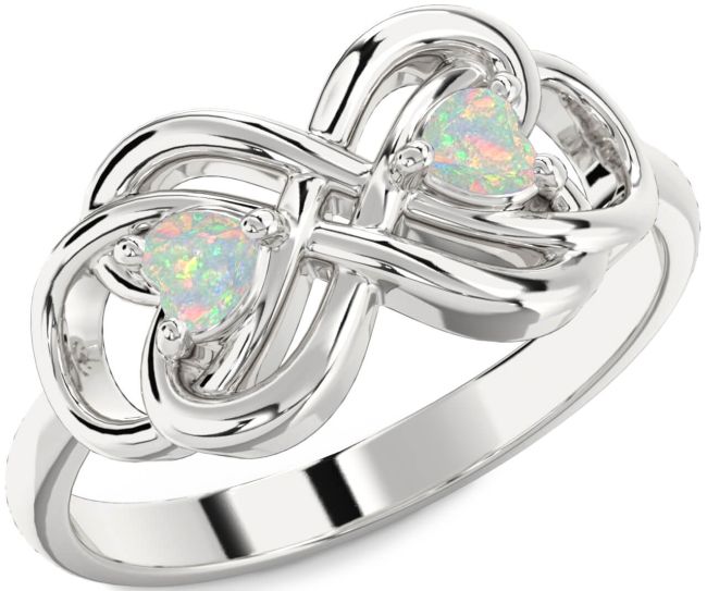Opal Silver Infinity Knot Two Heart Birthstone Ring
