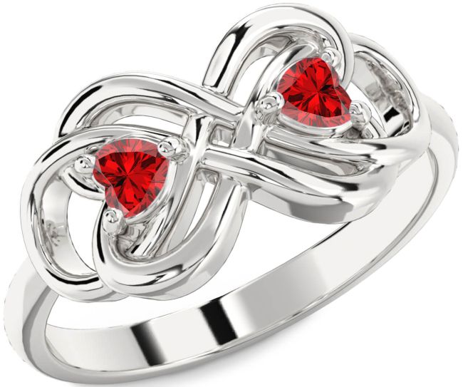Ruby Silver Infinity Knot Two Heart Birthstone Ring