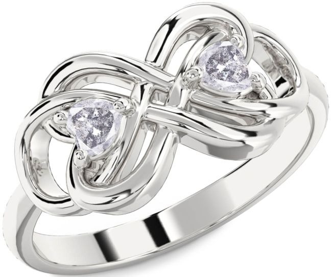 Salt & Pepper Diamond Silver Infinity Knot Two Heart Ring