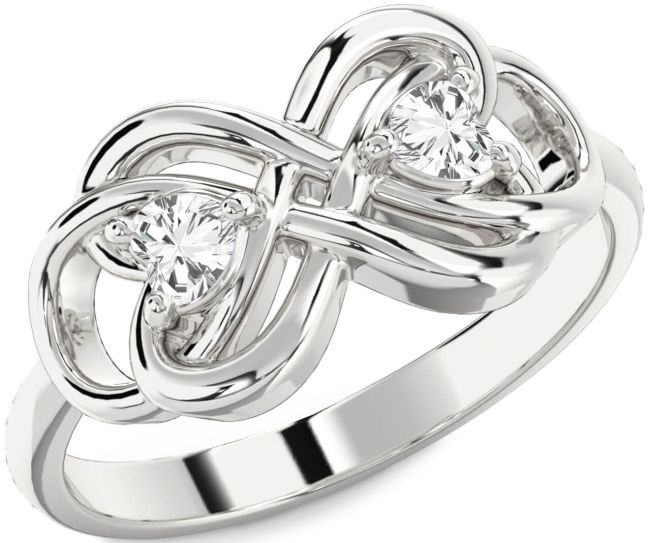 White Sapphire Silver Infinity Knot Two Heart Ring