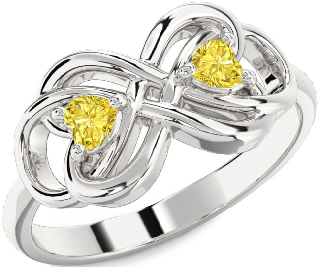 Yellow Diamond Silver Infinity Knot Two Heart Ring