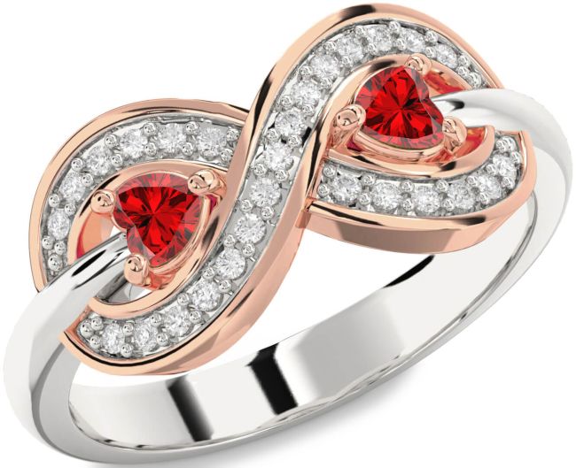 Diamond Ruby Rose Gold Silver Infinity Two Heart Birthstone Ring