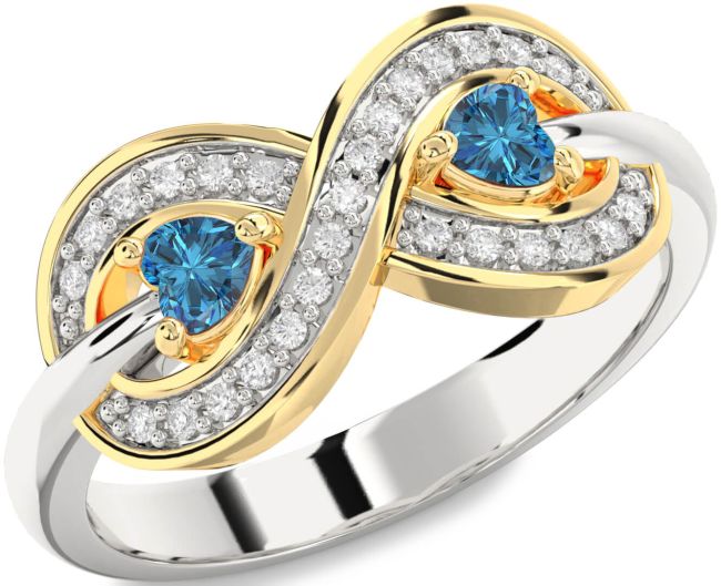 Blue Diamond Gold Silver Infinity Two Heart Ring