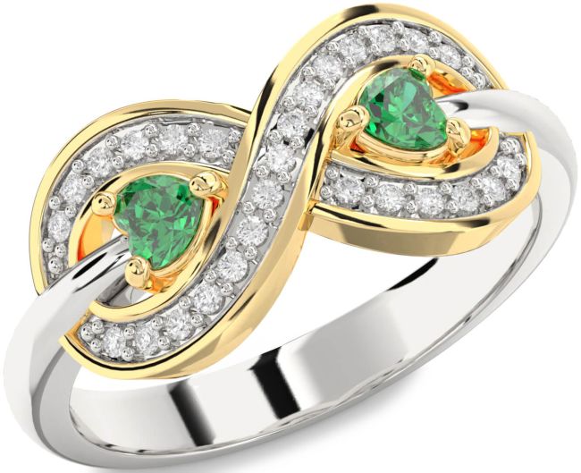 Diamond Emerald Gold Silver Infinity Two Heart Birthstone Ring