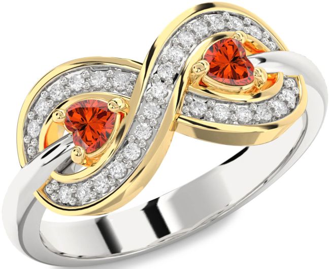 Diamond Fire Opal Gold Silver Infinity Two Heart Ring