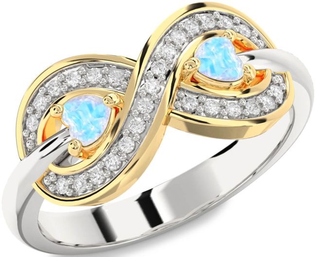 Diamond Moonstone Gold Silver Infinity Two Heart Ring