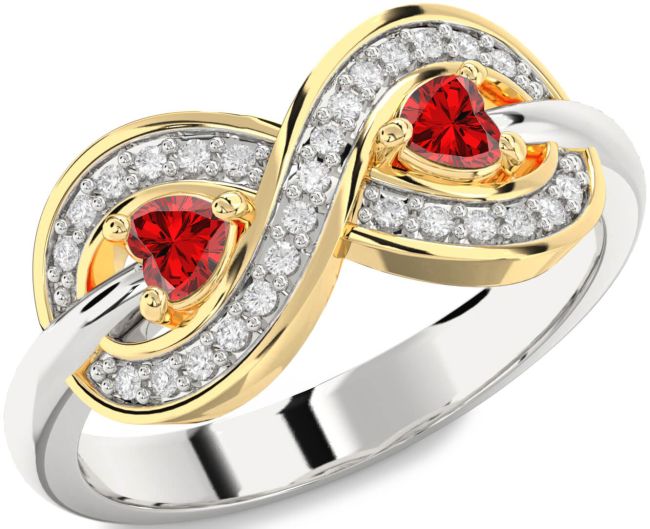 Diamond Ruby Gold Silver Infinity Two Heart Birthstone Ring