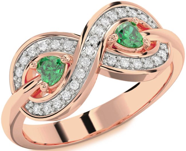Diamond Emerald Rose Gold Infinity Two Heart Birthstone Ring