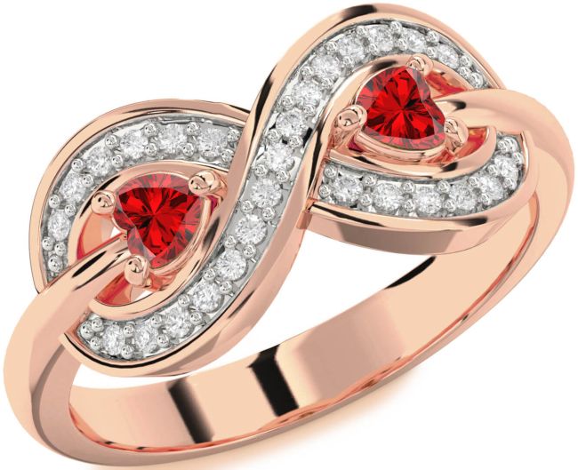 Diamond Ruby Rose Gold Infinity Two Heart Birthstone Ring