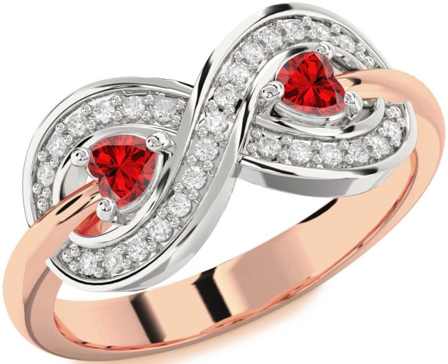 Diamond Ruby Rose Gold Silver Infinity Two Heart Birthstone Ring