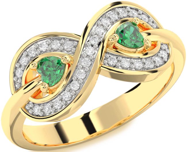 Diamond Emerald Gold Infinity Two Heart Birthstone Ring
