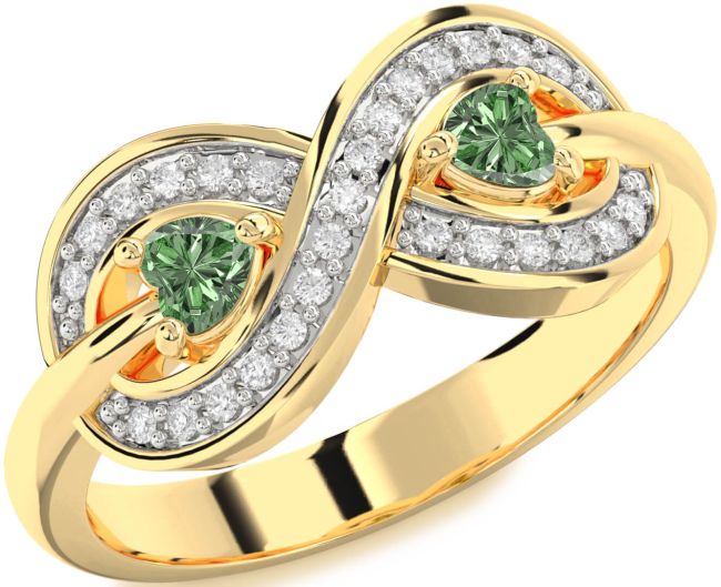 Green Diamond Gold Infinity Two Heart Ring