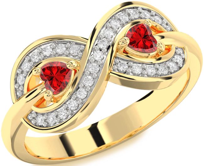 Diamond Ruby Gold Infinity Two Heart Birthstone Ring