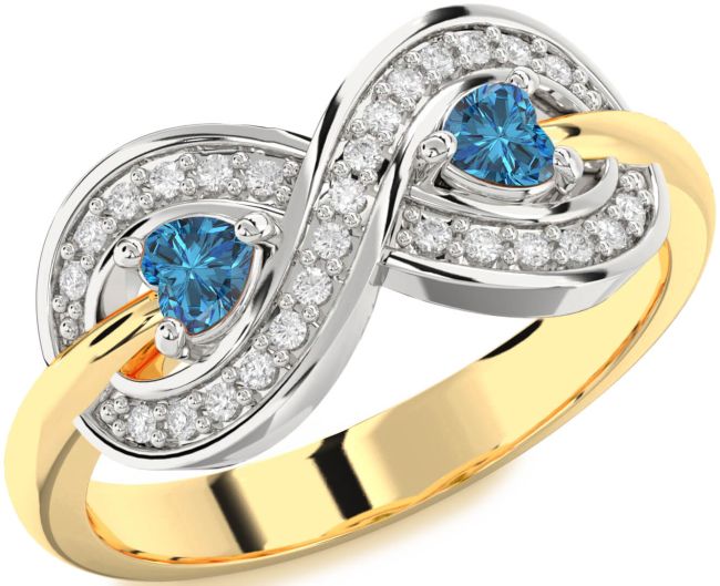 Blue Diamond Gold Silver Infinity Two Heart Ring