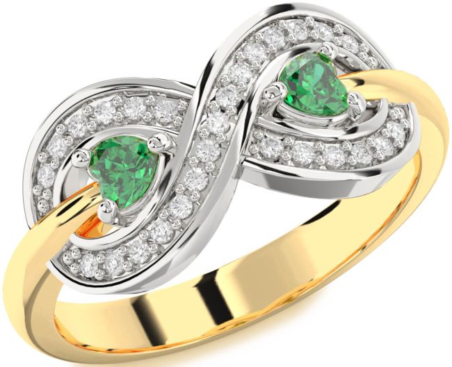 Diamond Emerald Gold Silver Infinity Two Heart Birthstone Ring