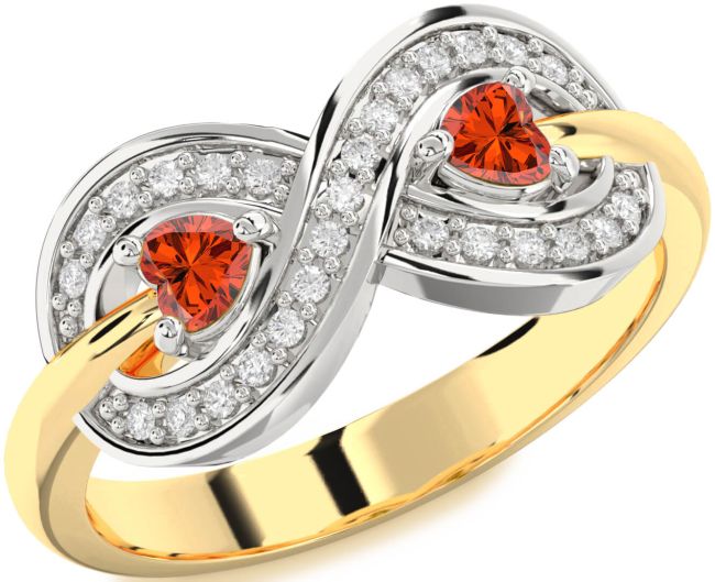 Diamond Fire Opal Gold Silver Infinity Two Heart Ring