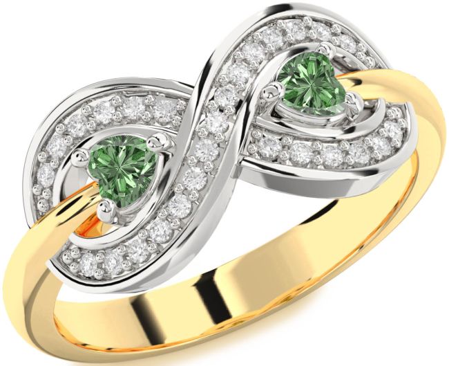 Green Diamond Gold Silver Infinity Two Heart Ring