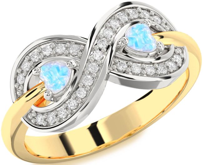 Diamond Moonstone Gold Silver Infinity Two Heart Ring