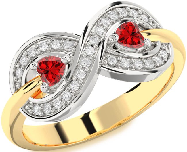 Diamond Ruby Gold Silver Infinity Two Heart Birthstone Ring