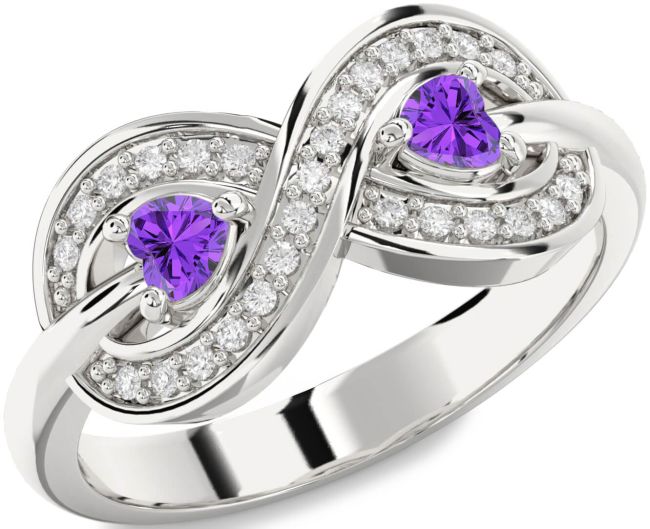 Diamond Amethyst Silver Infinity Two Heart Birthstone Ring