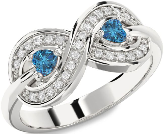 Blue Diamond Silver Infinity Two Heart Ring