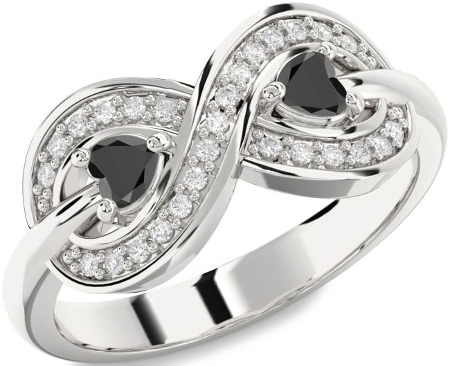 Diamond Black Onyx Silver Infinity Two Heart Ring