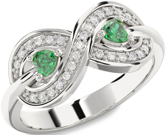Diamond Emerald Silver Infinity Two Heart Birthstone Ring