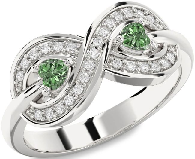 Green Diamond Silver Infinity Two Heart Ring