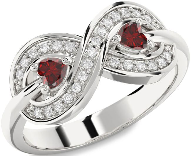 Diamond Garnet Silver Infinity Two Heart Birthstone Ring