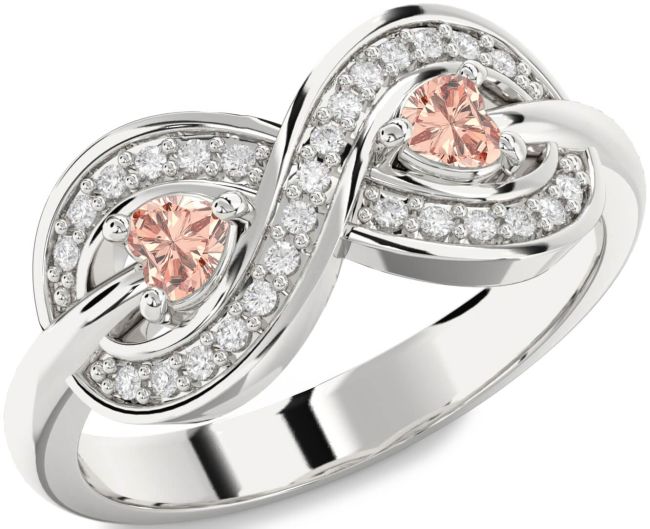 Diamond Morganite Silver Infinity Two Heart Ring