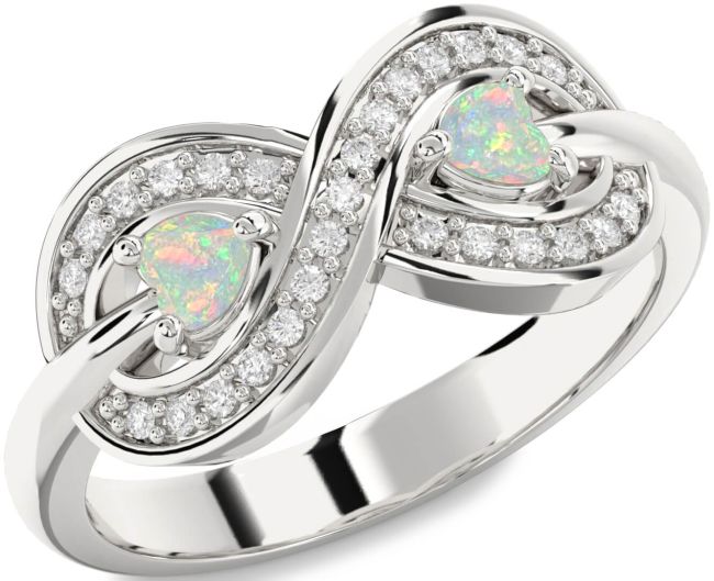 Diamond Opal Silver Infinity Two Heart Birthstone Ring