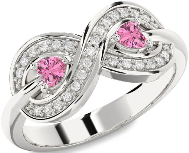 Diamond Pink Sapphire Silver Infinity Two Heart Ring