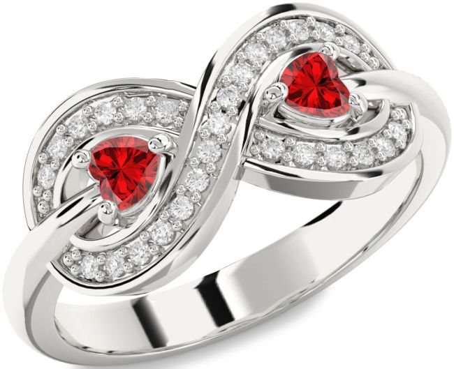 Diamond Ruby Silver Infinity Two Heart Birthstone Ring