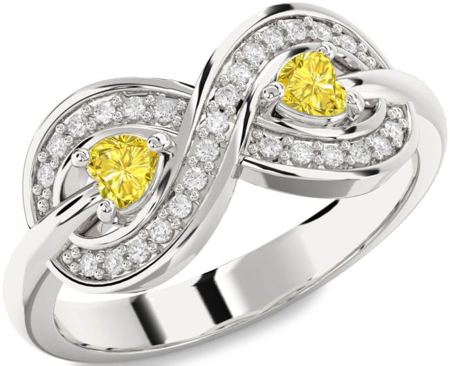Yellow Diamond Silver Infinity Two Heart Ring