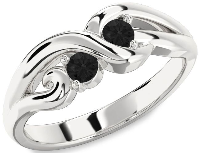 Black Diamond Silver Knot Round Two Stone Ring