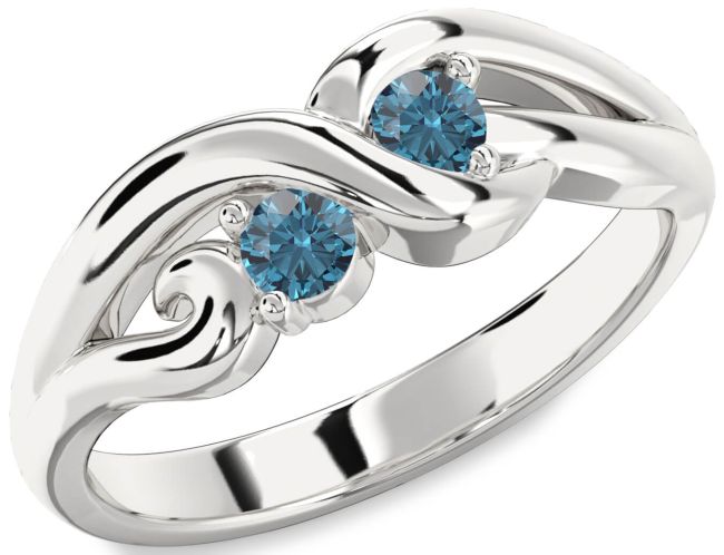 Blue Diamond Silver Knot Round Two Stone Ring
