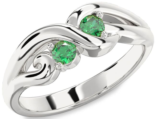 Emerald Silver Knot Round Two Stone Birthstone Ring