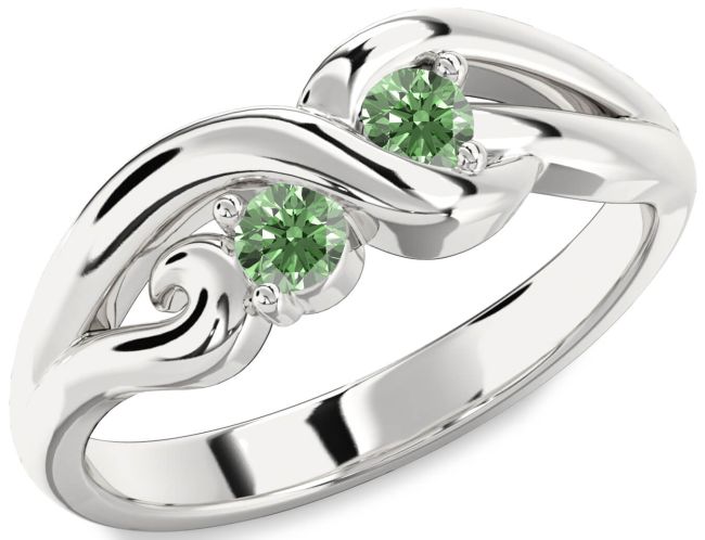 Green Diamond Silver Knot Round Two Stone Ring