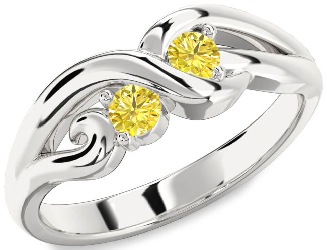 Yellow Diamond Silver Knot Round Two Stone Ring
