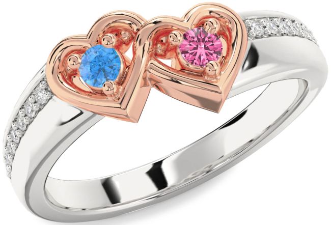 Diamond Silver & 10K Rose Gold Heart Two Stone Pave Promise Ring