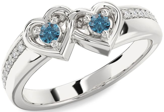 Blue Diamond Silver Heart Two Stone Pave Ring