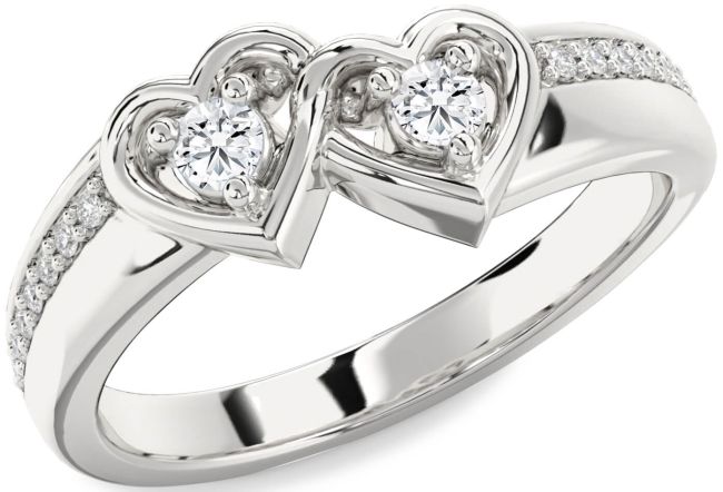 Diamond Silver Heart Two Stone Pave Ring
