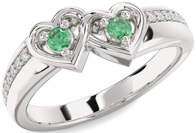 Diamond Emerald Silver Heart Two Stone Pave Birthstone Ring