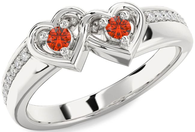 Diamond Fire Opal Silver Heart Two Stone Pave Ring