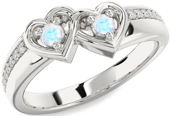 Diamond Moonstone Silver Heart Two Stone Pave Ring