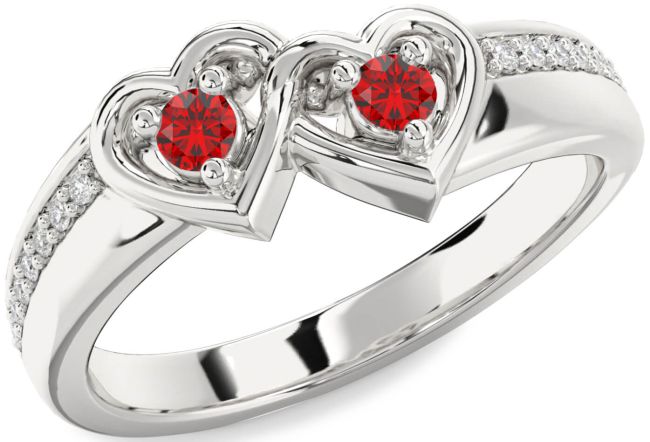Diamond Ruby Silver Heart Two Stone Pave Birthstone Ring