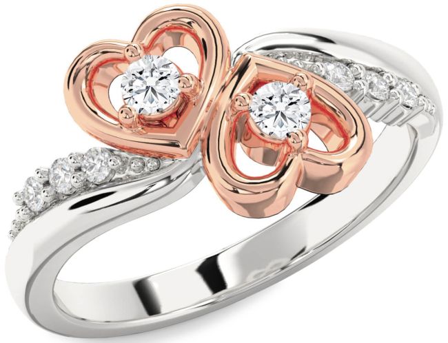 Diamond Silver & 10K Rose Gold Heart Two Stone Ring